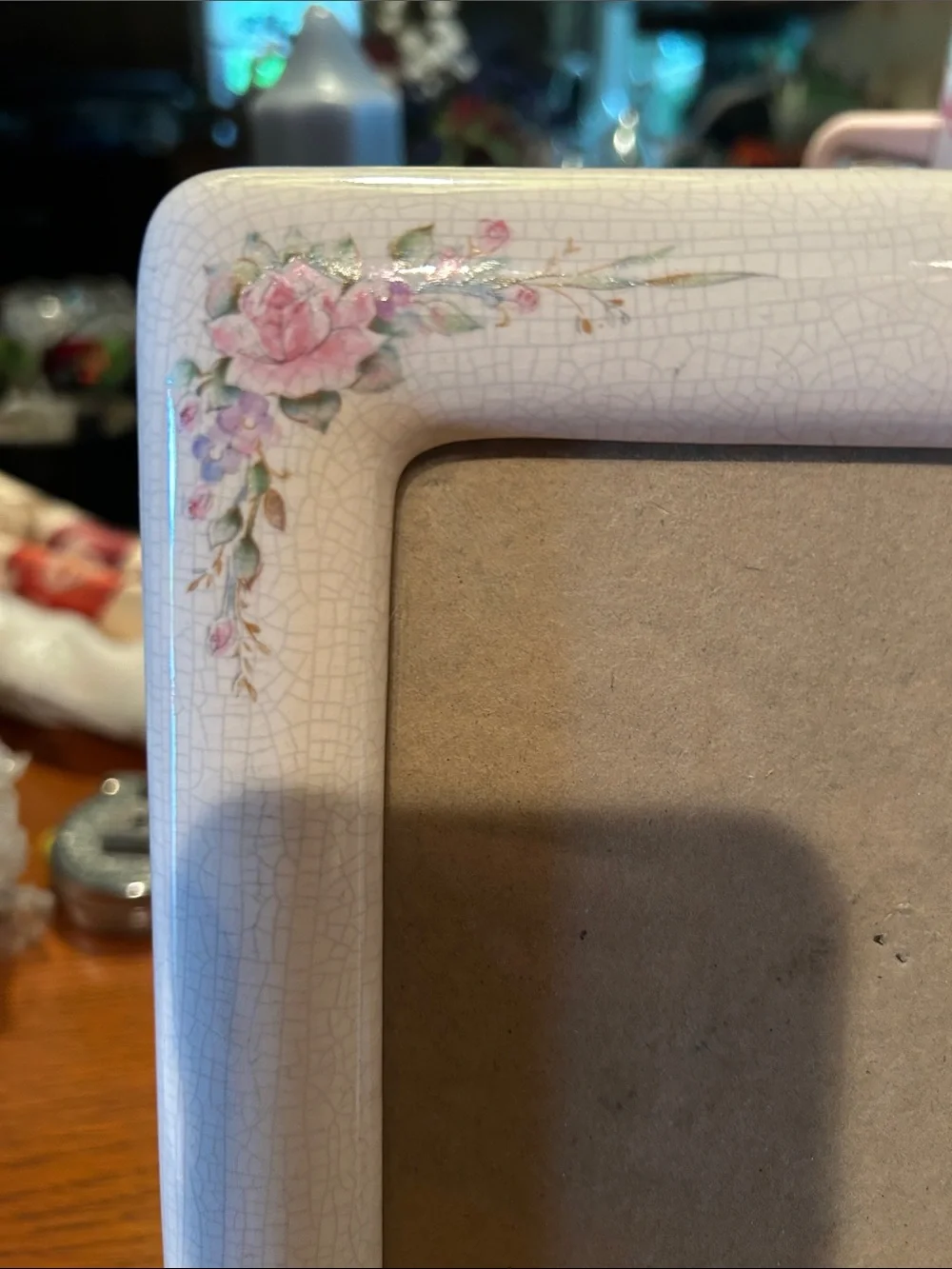 Vintage 1982 Floral Ceramic Photo Frame in White with Pink Rose Accents